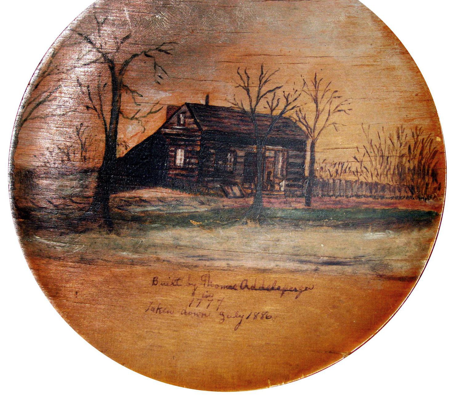 Wood plate painted with an image of Thomas Addelsperger’s 1777 cabin, painted by Mary Bostwick Shellman, c. 1886.